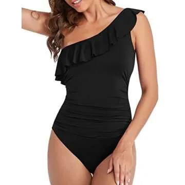 Hilor Women's One Piece One Shoulder Swimsuits Tummy Control Swimwear Asymmetric Ruffle Bathing Suits Black US14