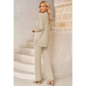 Women's Knitted Outfits Sets High Neck Sweater Jumpers Palazzo Pants 2 Pc Knit Loungewear Apricot L