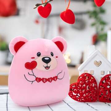 NOVBAUB Valentine's Day Bear Stuffed Animal 8 Inch Cute Pink Bear Plush Stuffed Animals for Girls Teens Love Heart Soft Stuffed Plush Pillows for Kids Teens Adults Birthday Valentine's Day Gift