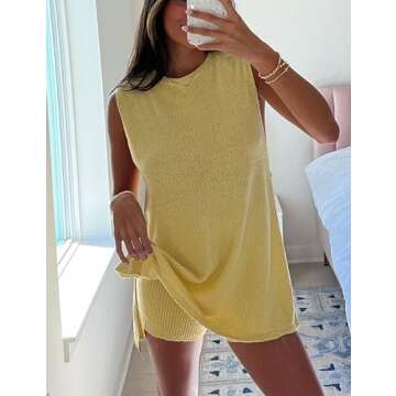 QIBABU Womens Knit Pajamas Sets 2 Piece Outfits Casual Sleeveless Sweater Tank Top Shorts Loungewear...