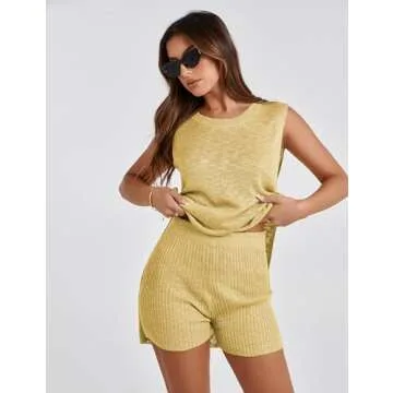QIBABU Womens Knit Pajamas Sets 2 Piece Outfits Casual Sleeveless Sweater Tank Top Shorts Loungewear Lounge Sets(2126-Yellow-L-QB)