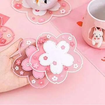 Sakura Coffee Cup Mat Kawaii Coaster 2PCS Cute Cherry Blossom PVC Home Tea Mug Pink Flower Pattern Anti-Skid Pot Bowl Pad Placemat for Desk Drink Table Decor Kawaii Accessories (Small)
