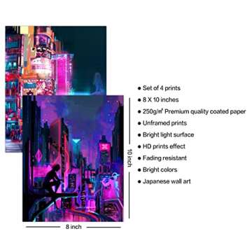 Japan Art Poster Set of 4,Japanese Neon Art, University Poster Print Artwork,Tokyo Anime Wall Art Picture Gift,Japanese Wall Art Room Aesthetics Bedroom Decor (8x10 inch,Unframed)