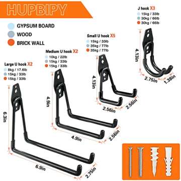 HUPBIPY 12 Pack Garage Hooks Heavy Duty Utility Steel with Anti-Slip Coating Wall Mount Storage Orga...