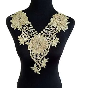 Gorgeous Gold Thread Embroidered Flower Lace Neckline Applique Patches