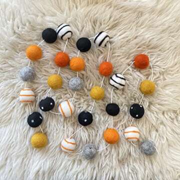 "Haunted Harvest" 7 ft long adjustable Handmade Halloween Felt Ball Garland by Sheep Farm Felt- Blac...