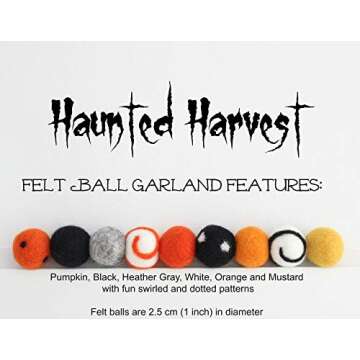 "Haunted Harvest" 7 ft long adjustable Handmade Halloween Felt Ball Garland by Sheep Farm Felt- Black White Orange Pom Pom Garland, felt ball garland. 1 inch balls. 28 felt balls