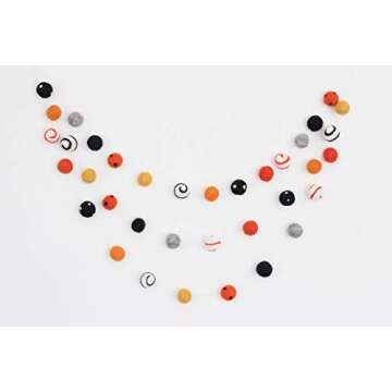 "Haunted Harvest" 7 ft long adjustable Handmade Halloween Felt Ball Garland by Sheep Farm Felt- Black White Orange Pom Pom Garland, felt ball garland. 1 inch balls. 28 felt balls