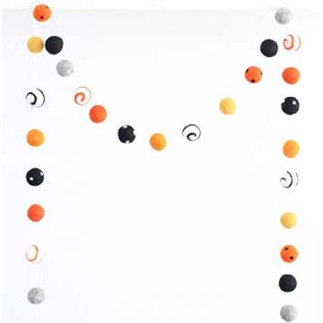 "Haunted Harvest" 7 ft long adjustable Handmade Halloween Felt Ball Garland by Sheep Farm Felt- Black White Orange Pom Pom Garland, felt ball garland. 1 inch balls. 28 felt balls