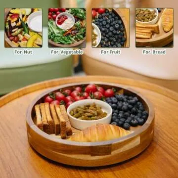 Defined Deco 12in Serving Tray and Platters,2x Dip Bowls with 1 Spoons,Wood Divided Serving Bowls for Party,Kitchen Decor,360° Rotatable Serving Dishes for Chips and Dip,Fruit,Veggies, Candy and Snack