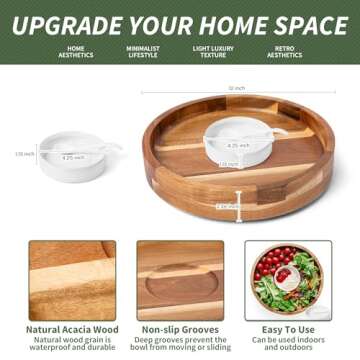 Defined Deco 12in Serving Tray and Platters,2x Dip Bowls with 1 Spoons,Wood Divided Serving Bowls for Party,Kitchen Decor,360° Rotatable Serving Dishes for Chips and Dip,Fruit,Veggies, Candy and Snack