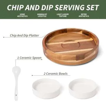 Defined Deco 12in Serving Tray and Platters,2x Dip Bowls with 1 Spoons,Wood Divided Serving Bowls for Party,Kitchen Decor,360° Rotatable Serving Dishes for Chips and Dip,Fruit,Veggies, Candy and Snack