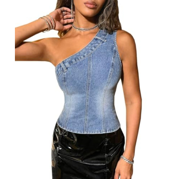 Glkaend Blue,L, Women Sexy Denim Tube Top Sleeveless One Shoulder Skinny Casual Strapless Corset Cro...