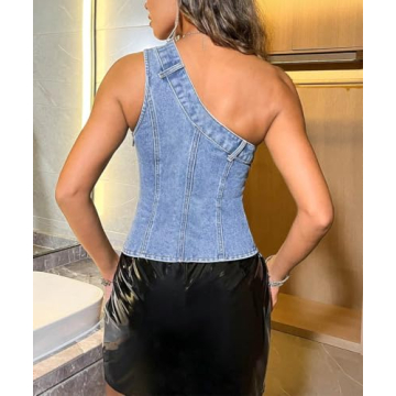 Glkaend Blue,L, Women Sexy Denim Tube Top Sleeveless One Shoulder Skinny Casual Strapless Corset Crop Tops