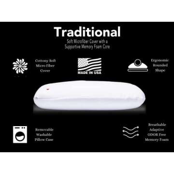 I Love Pillow Traditional Advanced Memory Foam Sleeping Pillow, Ergonomic Design, Perfect for Stomach, Back and Side Sleepers Machine Washable Cover, Queen, Medium, White