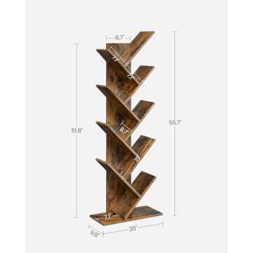 VASAGLE Tree Bookshelf, 9-Tier Bookcase, Large Bookshelf, Space-Saving Corner Shelf, Book Tree, Holds Books, CDs, Games, for Bedroom, Living Room, Home Office, Rustic Brown ULBC11BX