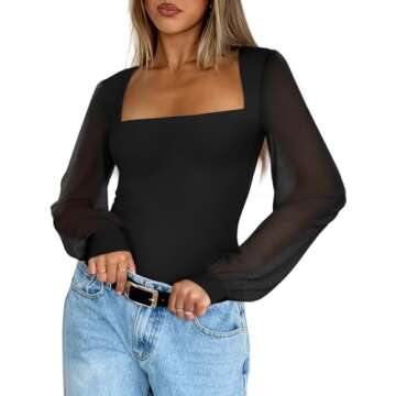 PINKMSTYLE Mesh Bodysuit for Women Sexy Slimming Square Neck Double Lined Tops Fall Classy Puff Long...