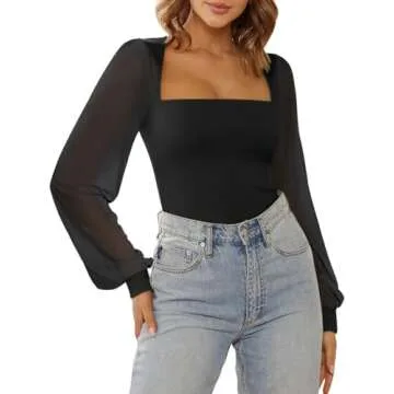 PINKMSTYLE Mesh Bodysuit for Women Sexy Slimming Square Neck Double Lined Tops Fall Classy Puff Long Sleeve Tops Shirts Black Small
