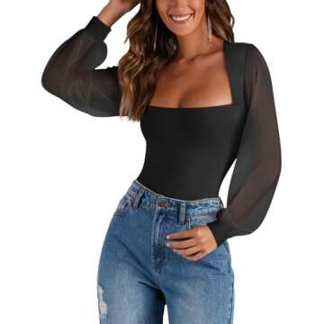 PINKMSTYLE Mesh Bodysuit for Women Sexy Slimming Square Neck Double Lined Tops Fall Classy Puff Long Sleeve Tops Shirts Black Small
