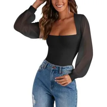 PINKMSTYLE Mesh Bodysuit for Women Sexy Slimming Square Neck Double Lined Tops Fall Classy Puff Long Sleeve Tops Shirts Black Small