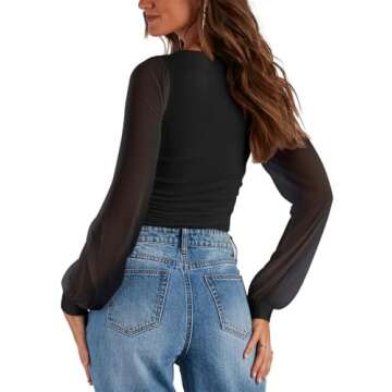 PINKMSTYLE Mesh Bodysuit for Women Sexy Slimming Square Neck Double Lined Tops Fall Classy Puff Long Sleeve Tops Shirts Black Small