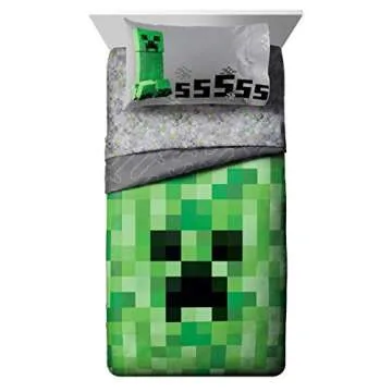 Jay Franco Minecraft Creeper 5 Piece Full Bed Set - Includes Reversible Comforter & Sheet Set - Supe...