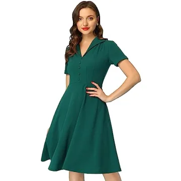 Allegra K Vintage Dresses for Women's 2024 Flat Collar Short Sleeve Fit and Flare Dress