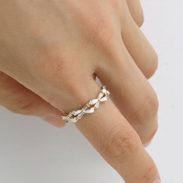 Trendy Adjustable Gold White Bow Ring with Rhinestones