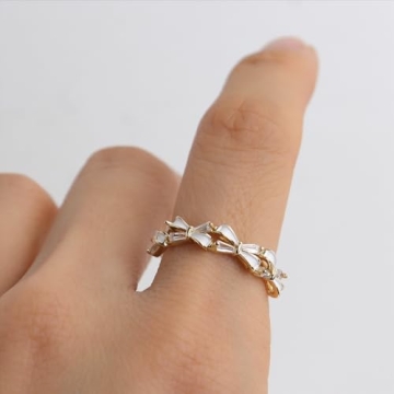 Trendy Adjustable Gold White Bow Ring with Rhinestones