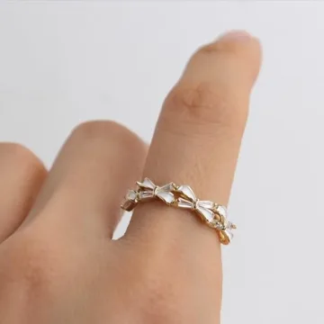Trendy Adjustable Gold White Bow Ring with Rhinestones