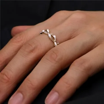 Trendy Adjustable Gold White Bow Ring with Rhinestones