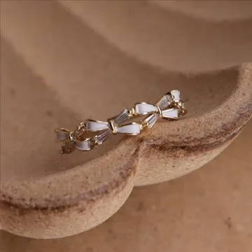 Trendy Adjustable Gold White Bow Ring with Rhinestones