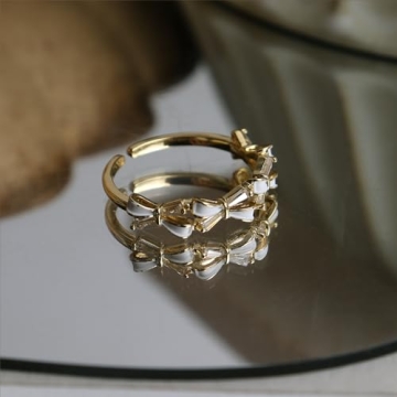 Trendy Adjustable Gold White Bow Ring with Rhinestones