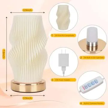 Ekkiploi Bedside Table Lamp with USB Adapter - Button Control for Bedroom Metal 12 Way Dimmable Small Nightstand Lamp with PLA Lampshade for Living Room, Dorm, Home Office (Built in LED Lights)