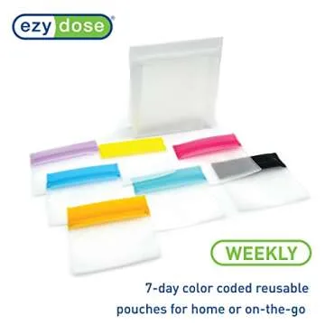 EZY DOSE Reusable 7-Day Pill Pouch Set, Durable Multi-Purpose Travel-Sized Containers, Includes Colors for Easy Identification, Large Storage, Clear, BPA Free, TSA Approved