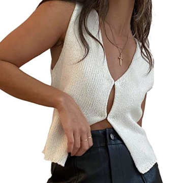 Faretumiya Women Y2K Button Down Crochet Knit Vest - Vintage Casual V-Neck Top
