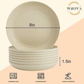 Wrova Wheat Straw Plates - 8 Inch Unbreakable Dinner Plates Set of 8 - Dishwasher & Microwave Safe P...