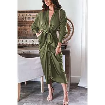 BTFBM Women Long Sleeve Satin Dress 2025 Summer Fall Lapel V Neck Button Down Belted Elegant Ruched Maxi Shirt Dresses(Solid Army Green, Medium)