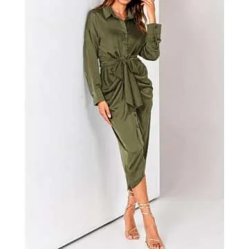 BTFBM Women Long Sleeve Satin Dress 2025 Summer Fall Lapel V Neck Button Down Belted Elegant Ruched Maxi Shirt Dresses(Solid Army Green, Medium)