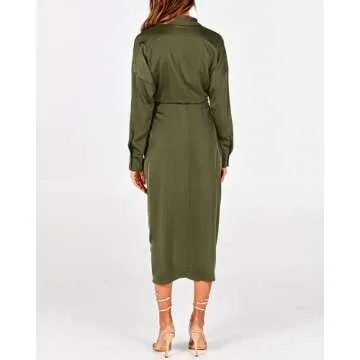 BTFBM Women Long Sleeve Satin Dress 2025 Summer Fall Lapel V Neck Button Down Belted Elegant Ruched Maxi Shirt Dresses(Solid Army Green, Medium)