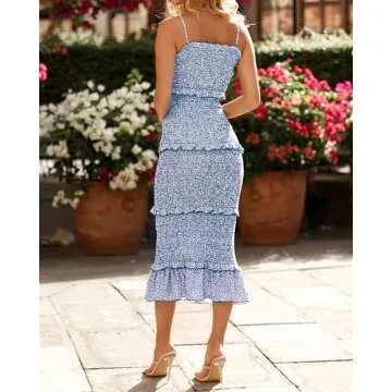 Dowerme Women Summer Floral Midi Smocked Bodycon Dress