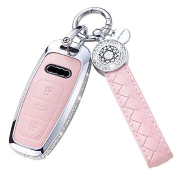 RUABIBAN Compatible with Audi Key Fob Cover with Keychain, Pink Genuine Leather Crystal Key Case Pro...