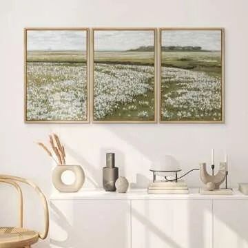 SIGNWIN Framed Canvas Print Wall Art Set White Daisy Flower Country Farm Field Nature Abstract Illustrations Fine Art Decorative Nordic for Living Room, Bedroom, Office - 16"x24"x3 Natural