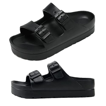 Womens Black Platform Sandals with Arch Support, Adjustable Double Buckle EVA Slides, Comfort Lightw...