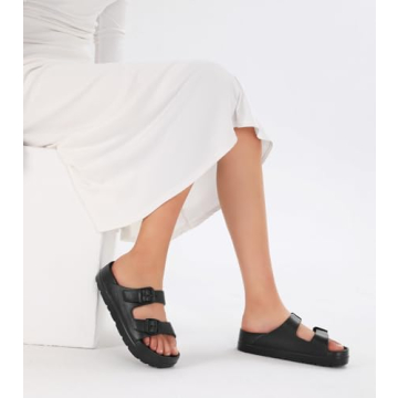 Womens Black Platform Sandals with Arch Support and Buckles