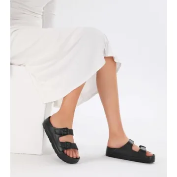 Womens Black Platform Sandals with Arch Support and Buckles