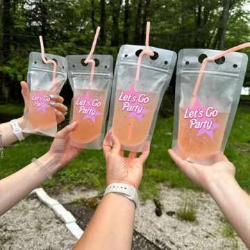 JERABEL Let's Go Party Pink Drink Pouches | Pink Birthday Party, Bachelorette Drinkware, Cute Party Cups - Drink Pouches with Straw | Reusable Drink Bag | Summer Party Idea - 16 pack