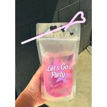JERABEL Let's Go Party Pink Drink Pouches | Pink Birthday Party, Bachelorette Drinkware, Cute Party Cups - Drink Pouches with Straw | Reusable Drink Bag | Summer Party Idea - 16 pack