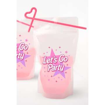 JERABEL Let's Go Party Pink Drink Pouches | Pink Birthday Party, Bachelorette Drinkware, Cute Party Cups - Drink Pouches with Straw | Reusable Drink Bag | Summer Party Idea - 16 pack