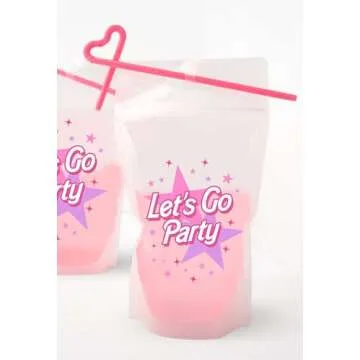 JERABEL Let's Go Party Pink Drink Pouches | Pink Birthday Party, Bachelorette Drinkware, Cute Party Cups - Drink Pouches with Straw | Reusable Drink Bag | Summer Party Idea - 16 pack